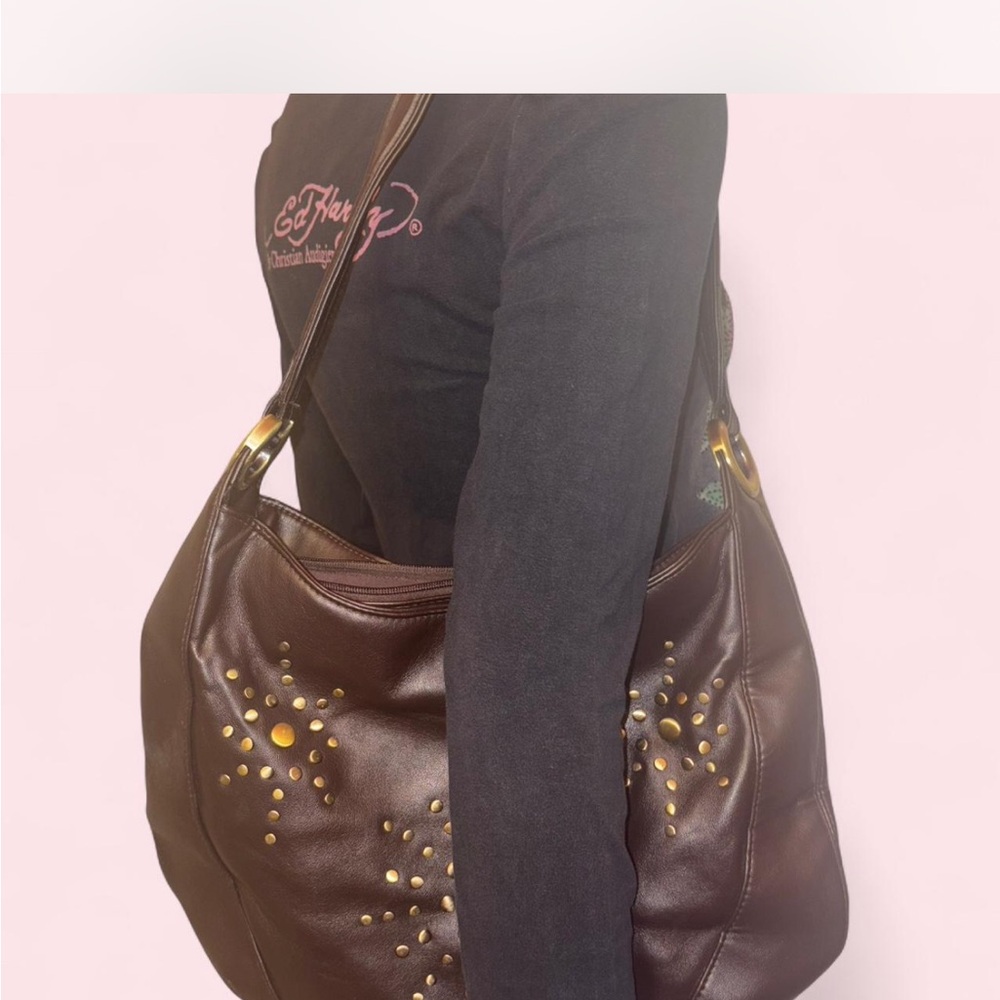 Brown Leather Shoulder Bag with Gold Stud Accents